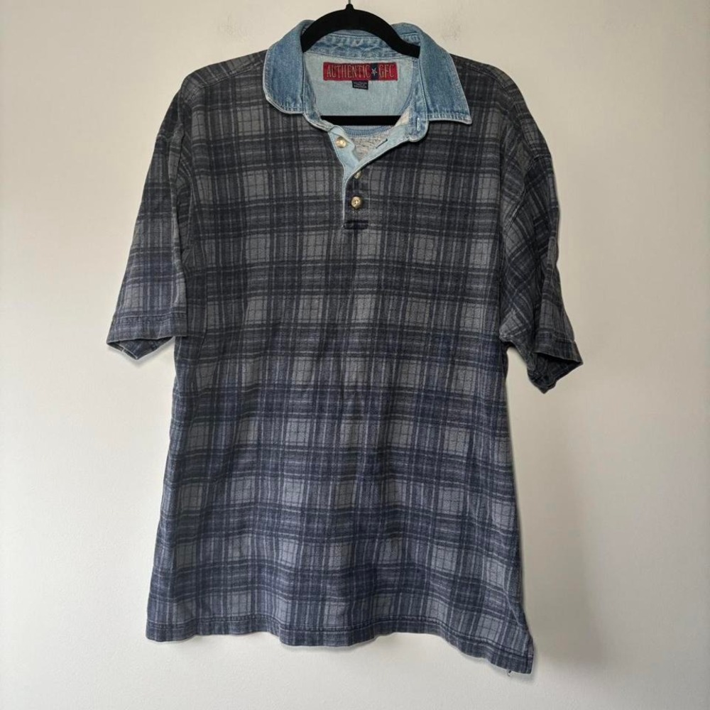 Vintage Men's Authentic GFC Grey‎ Blue Plaid Polo Shirt Chambray Collar Size M